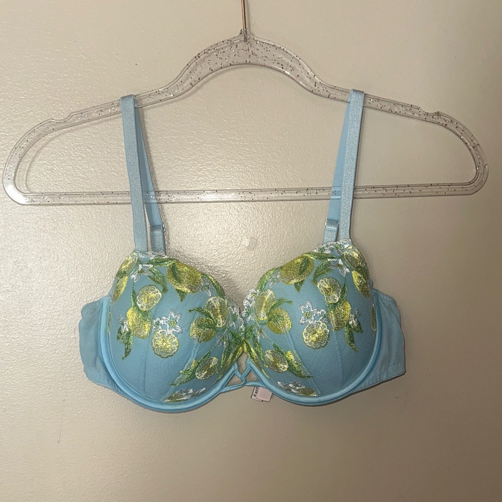 Victorias Secret 36C Dream Angels Blue Embroidered Lemon Lined Demi Bra